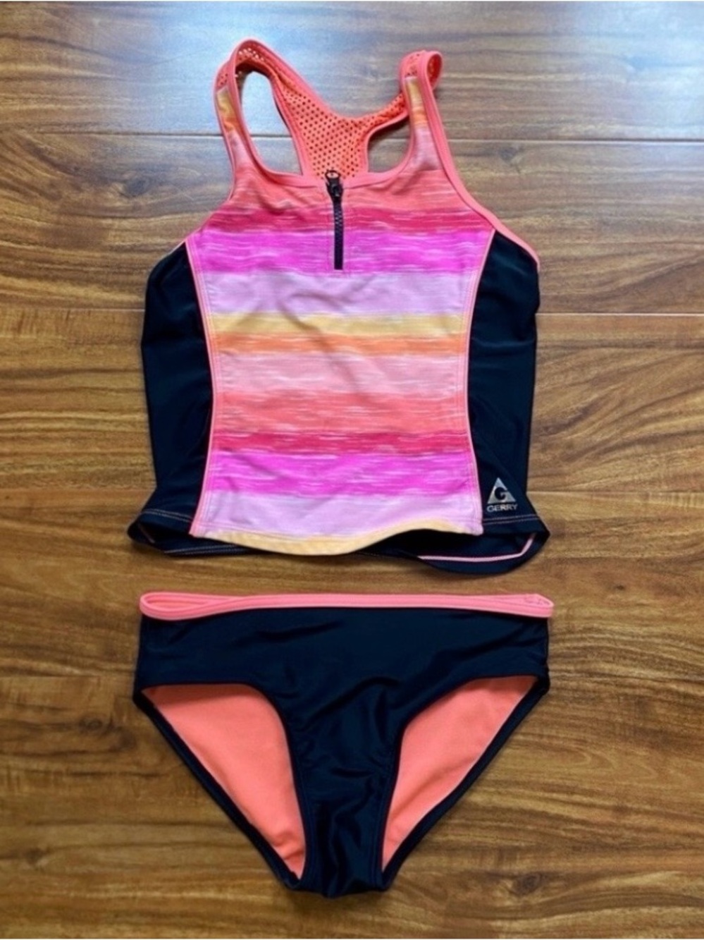 3/$25 Gerry Girls Orange Pink Racerback Tank Swimsuit Size Medium 10/12 Beach